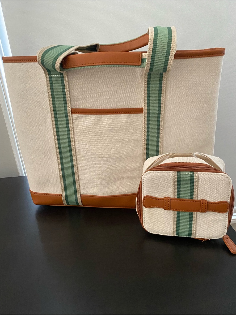 Canvas Tote and Small Pouch Set - Cream with Green Stripe